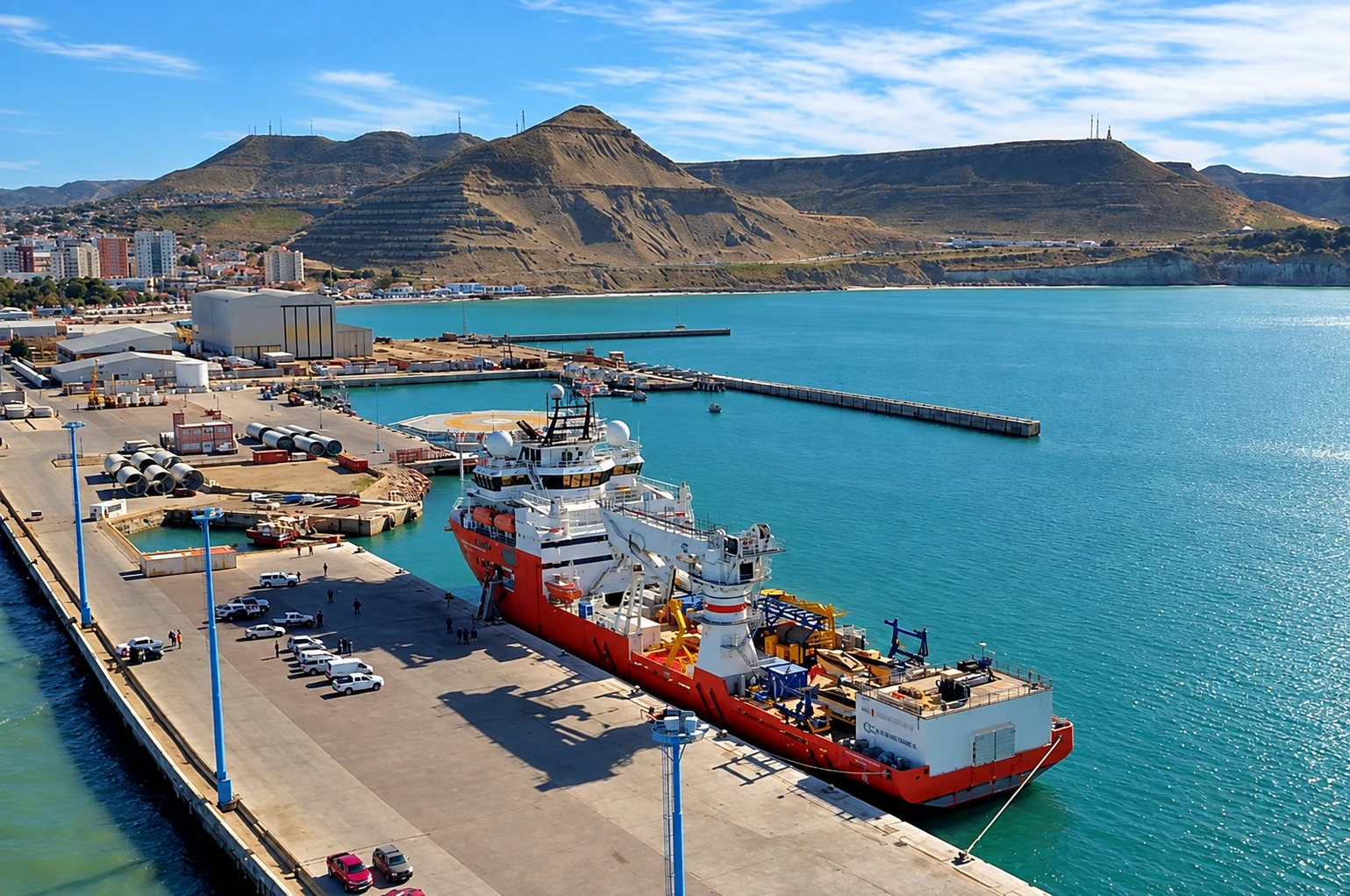 Buque rojo y actividad en el puerto de Comodoro Rivadavia
